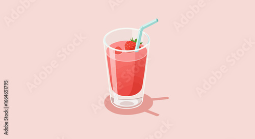 Strawberry Smoothie in Glass with Straw - Healthy Fresh Fruit Drink Illustration on Pink Background
