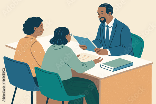 Loan officer explains contract details to a client.