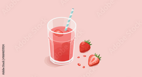 Strawberry Smoothie Isometric Illustration with Fresh Strawberries and Striped Straw on Pink Background
