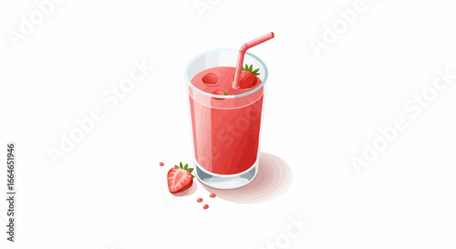 Refreshing Strawberry Smoothie with Straw in Glass, Healthy Fruit Drink Illustration on White Background