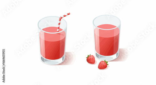 Isometric Strawberry Juice Glasses with Straw Illustration. Fresh Summer Fruit Drink Isolated on White.