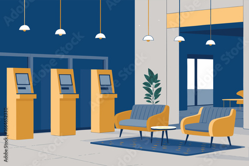 Bank lobby with digital kiosks and modern furnishings.