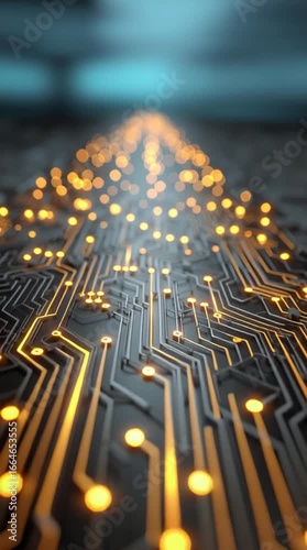 Futuristic electronic circuit board with glowing lights and microchips processing data. A detailed view of a computer motherboard component representing advanced digital technology and innovation.