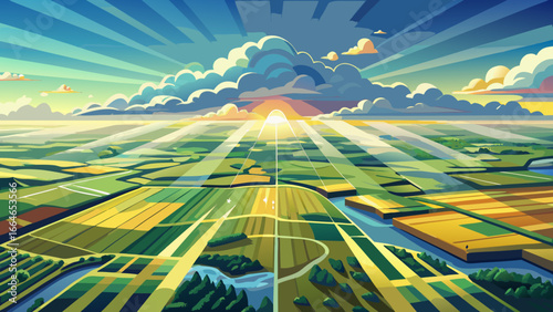 From high altitude, agricultural lands stretch endlessly beneath bright cloud-filled sky, earth’s patchwork glowing gently, timeless connection between land and sky emerges, vast horizon inspires awe,