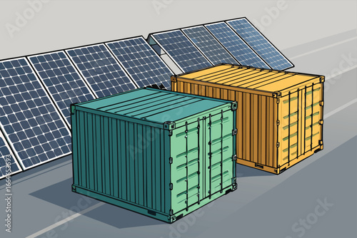 Battery storage containers beside solar farm.