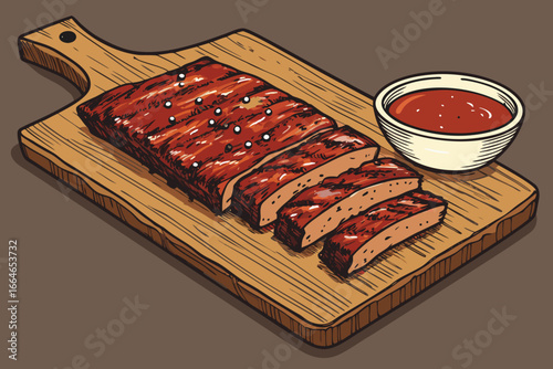 Delicious BBQ ribs coated in rich sauce on a wooden cutting board.