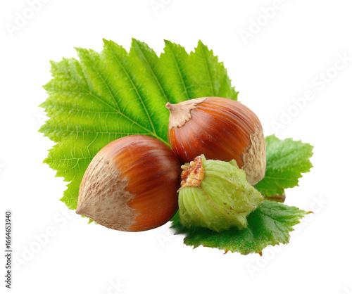 Harvesting hazelnuts nature food green leaves isolated on transparent background, png
