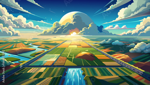 From high altitude, agricultural lands stretch endlessly beneath bright cloud-filled sky, earth’s patchwork glowing gently, timeless connection between land and sky emerges, vast horizon inspires awe,