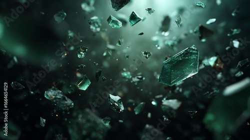 Shattered emerald glass fragments floating against a dark, blurred background