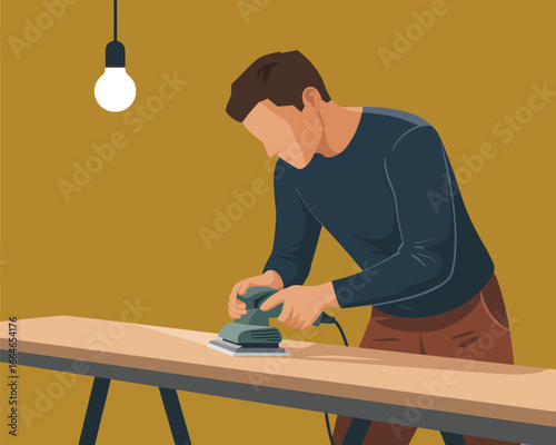 Man sanding a wooden table with an orbital sander, illustration of a DIY project in a workshop