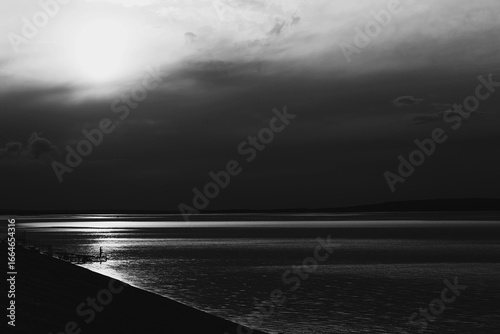 sunlight reflected on the Volga River, shot in black and white