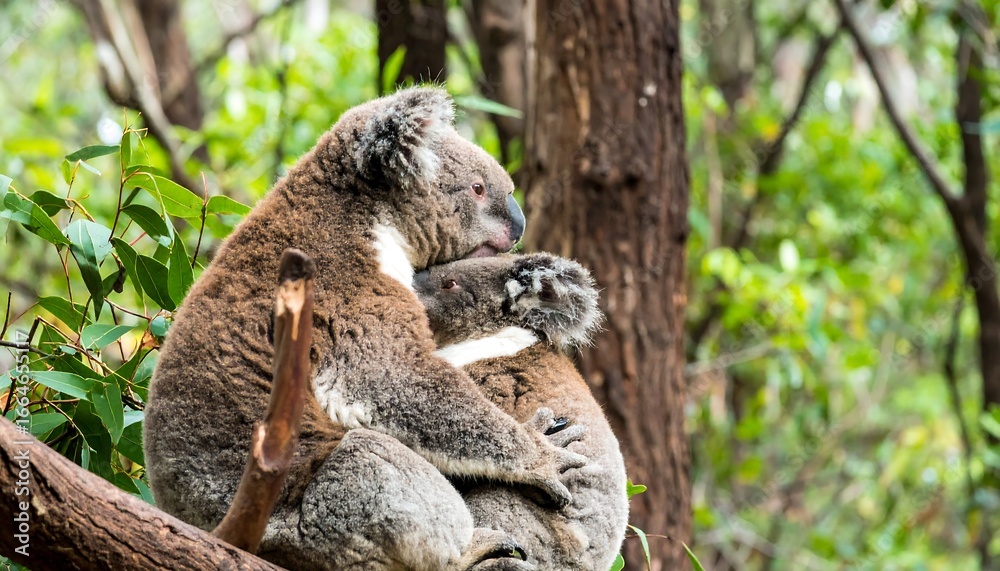 Obraz premium Two koalas snuggle together in a eucalyptus forest, showcasing a tender moment in nature.