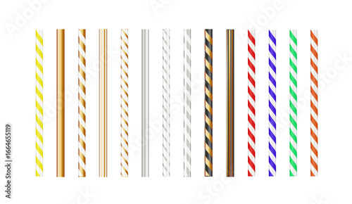 Realistic paper straw mock up template on isolated white background. Flexible bar liquid sucking accessories. Tubes for juice or soda. Vector