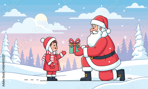 A cute little child receives a special Christmas gift from Santa Claus in a magical winter wonderland, celebrating the joy and spirit of the holiday season
