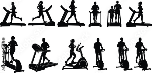 Fitness workout silhouettes collection of gym exercises, weightlifting, cardio, strength training and core workouts for men and women