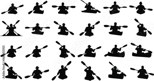 Silhouette of kayakers paddling on water, outdoor adventure, canoeing, kayaking sport, active lifestyle, teamwork, nature, water activity