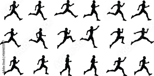 Silhouette sequence of man running, athletic motion phases, sprint animation, sports movement illustration, jogging poses, isolated on white background