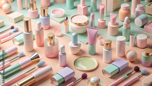 Pastel colored cosmetic products for beauty and makeup isolated on white background