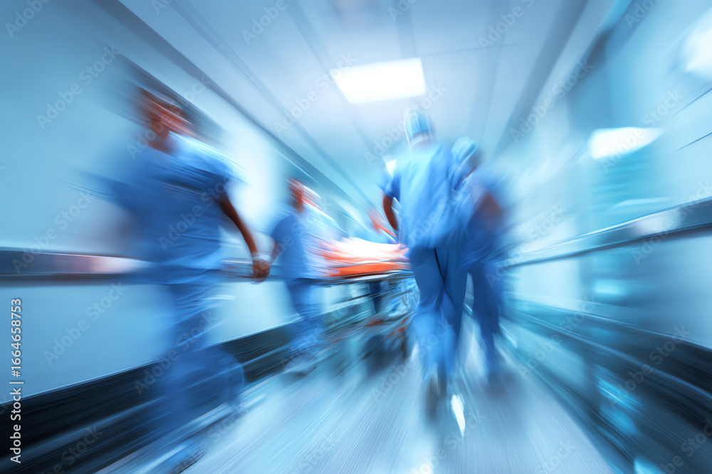 Obraz premium Blurred image of medical staff rushing a patient on a stretcher through a hospital corridor, conveying urgency and emergency care