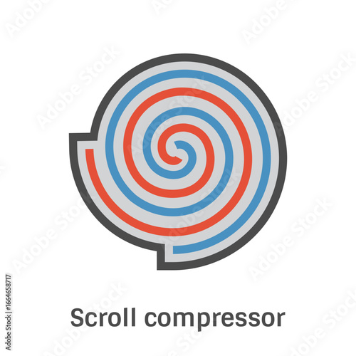 Scroll compressor vector icon. Illustrating internal mechanism for compressing refrigerant in air conditioning HVAC systems and refrigerators. Represents engineering and cooling technology.