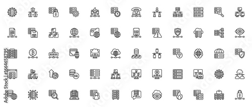 Servers and Networks icon set. Vector line icons pack. Includes symbols for data network, smart home, firewall, VPN, cloud server, data protection and more. Editable stroke.