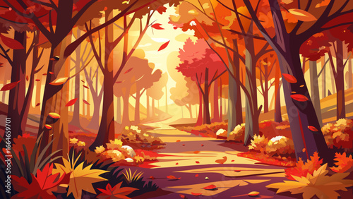 Autumn-themed outdoor landscape glows warmly, red and gold leaves painting forest floor, cool air whispers softly, sunlight dances gently, timeless beauty inspires reflection, eternal cycle of seasons