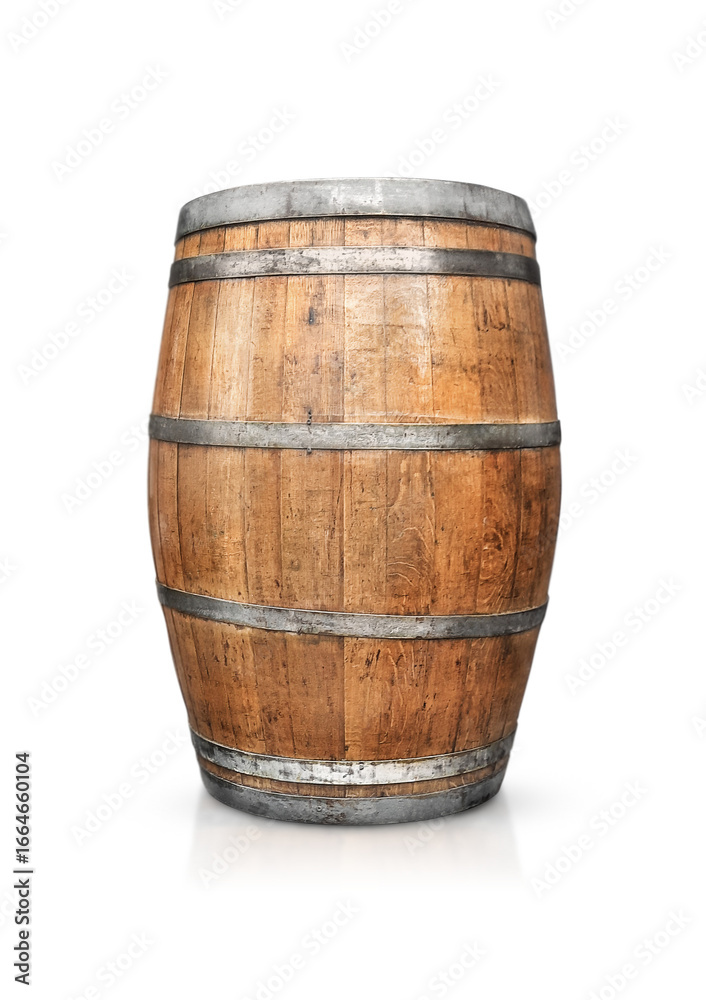 Fototapeta premium wooden barrel with metal rims is isolated on a transparent background
