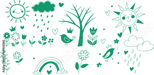 Charming hand-drawn spring elements featuring a smiling sun and birds in a whimsical style silhouette