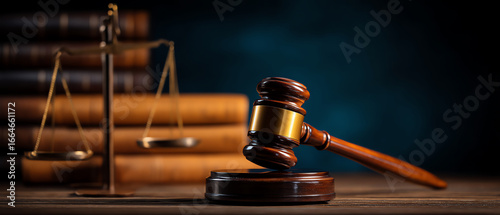 Wallpaper Mural Wooden judge's gavel resting on a sound block with a blurred background of legal books and a brass balance scale symbolizing justice and law Torontodigital.ca