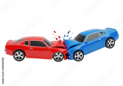 Car Crash Accident 3D Render on Transparent Background, Featuring a Red and Blue Vehicle Collision, Suitable for Insurance and Safety Awareness Campaigns