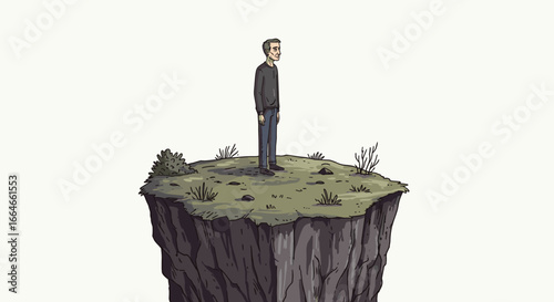 Man Standing Alone on Floating Island Surreal Concept of Isolation and Loneliness