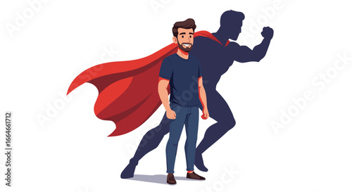Man with Superhero Shadow Showing Inner Strength Courage and Determination Isolated on White Background