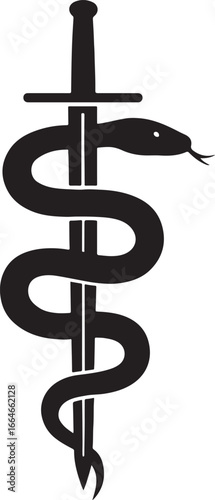 Black caduceus symbol with sword isolated on white background