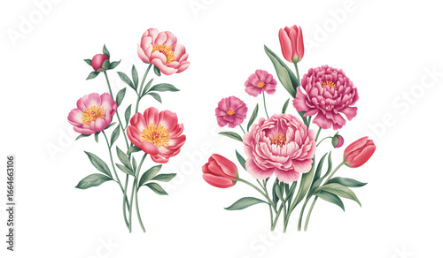 Peony and tulip flower bunch with soft watercolor petals and green leaves.