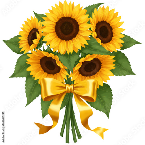 Sunflower Bouquet Gold Ribbon Bright Yellow Flowers