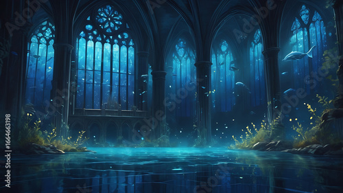 fantasy cathedral digital art, gothic palace interior, magical glowing lights, majestic fantasy scene, blue light palace, mysterious cathedral artwork, fantasy architecture digital painting, glowing p