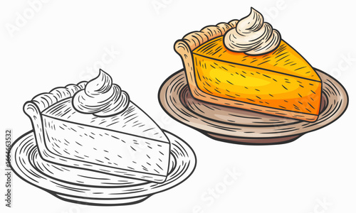 Hand drawn sketch style illustration of pumpkin pie. Outline style and colored