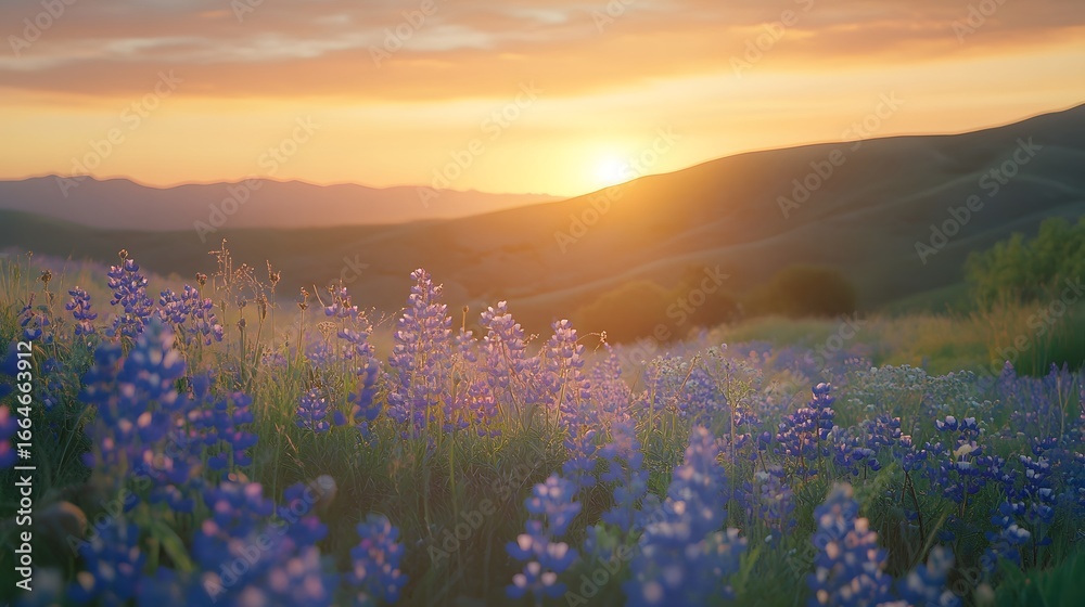 Obraz premium Serene Sunset Over Vibrant Wildflower Field in Rolling Hills