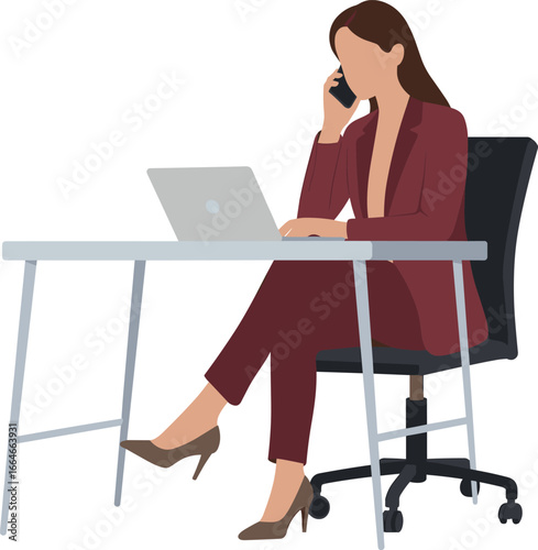  Confident businesswoman working at a desk, multitasking with laptop and phone call, representing a professional, focused, and productive remote work environment.