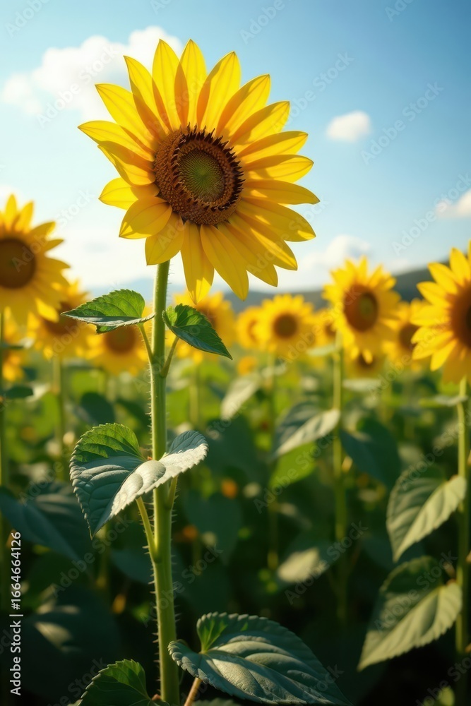Obraz premium Lone sunflower bravely stands, head high, amidst bowed brethren , vibrant, background, stem