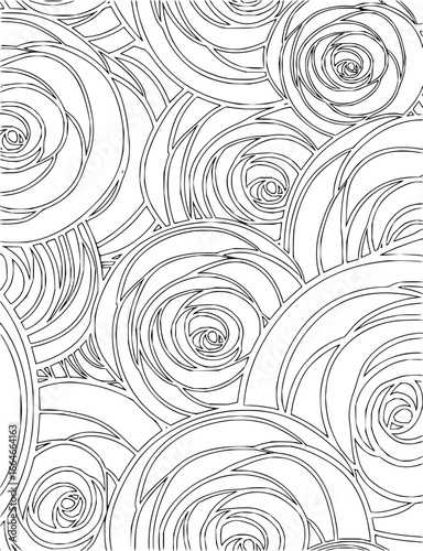 Overlapping rose outlines creating a dense floral pattern in a black and white coloring book style image