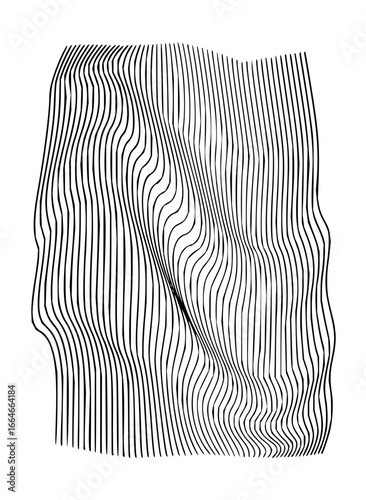 Abstract vertical black lines with a central distorted wave pattern on a white background art work