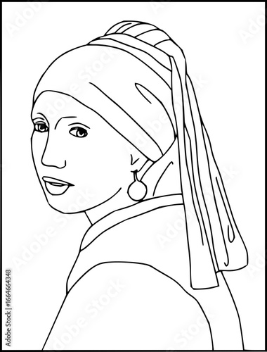 Line drawing of a woman with a pearl earring and headscarf looking over her shoulder in black and white