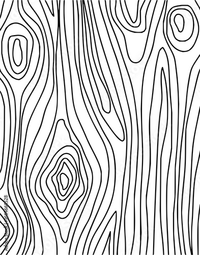 Detailed black and white drawing of a wood grain pattern with knots and flowing lines throughout image
