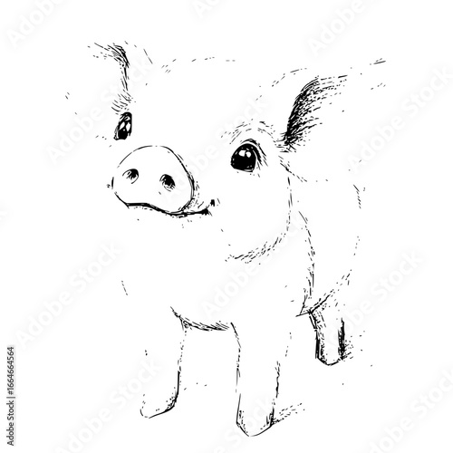 Illustration of a cute piglet standing with a curious expression and detailed line work on a white background