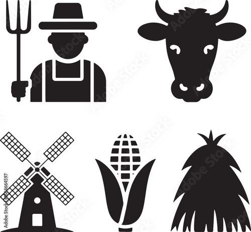 Black and white icons representing farming and agriculture farmer pitchfork