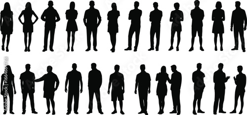 Silhouette group of men and women standing, people talking, casual poses, teamwork communication concept, diverse crowd illustration, modern lifestyle design.
