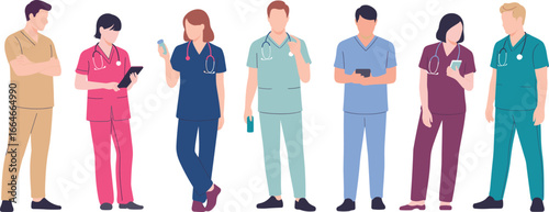 Group of diverse medical professionals in hospital uniforms with stethoscopes, teamwork healthcare concept, doctors and nurses illustration for modern clinic