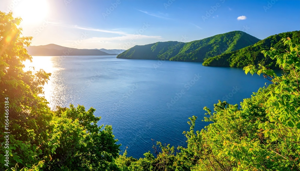 Obraz premium Serene lake nestled in lush green mountains at sunset