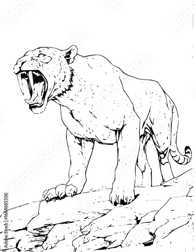 A ferocious saber toothed tiger roaring while standing atop a rocky outcrop in a black and white illustration